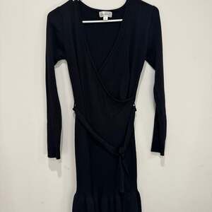 Questions? Black Ribbed Knit Wrap Dress with Tie Waist | Size S